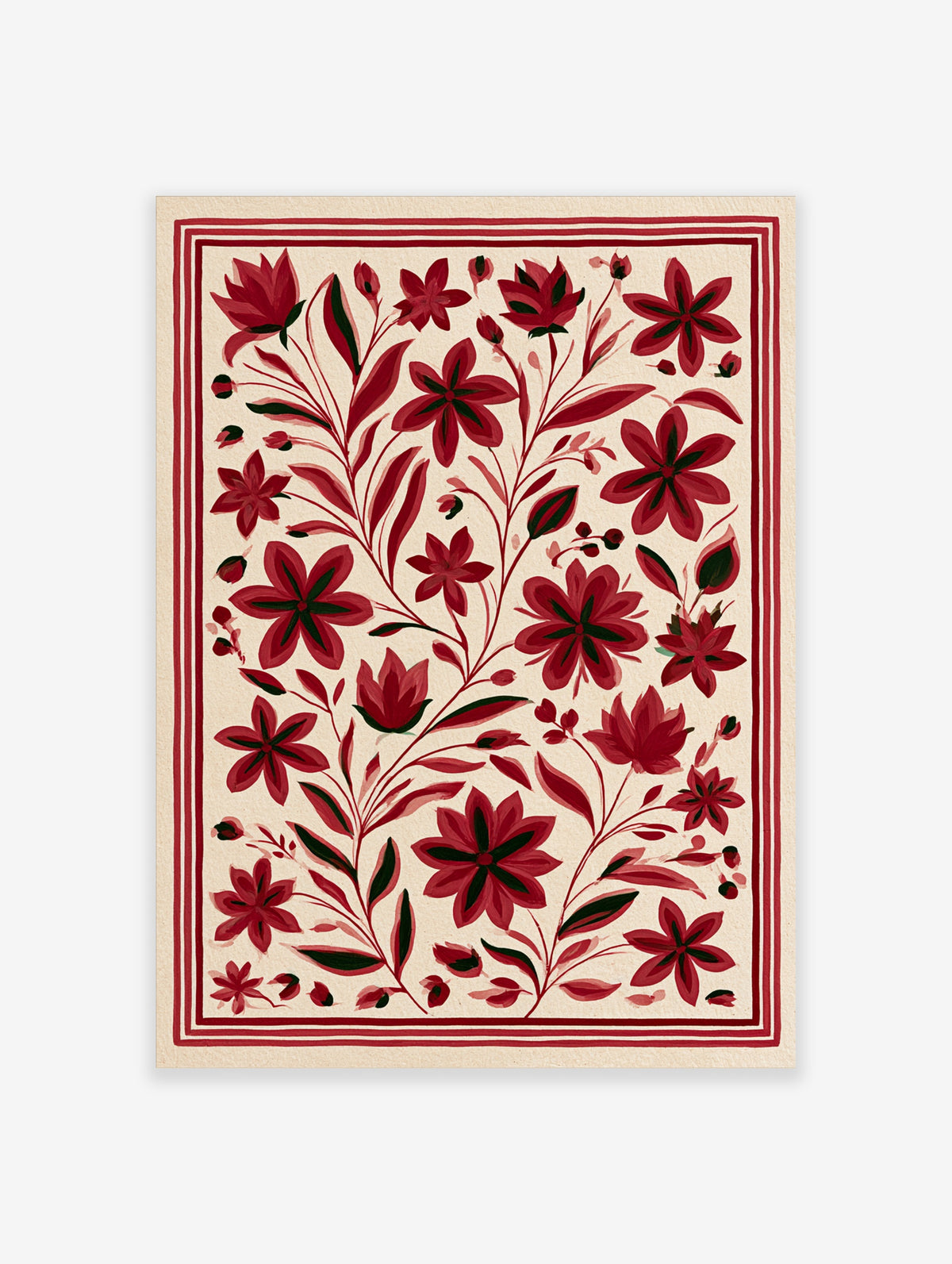 Red botanical flower wall art with stylised blooms and dark leaves on cream background