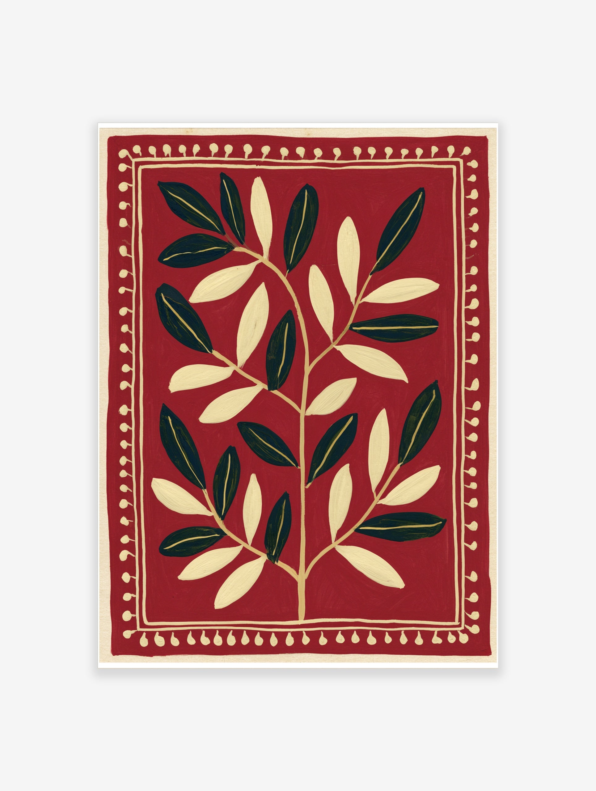 Symmetrical botanical leaf illustration in cream on a deep red background with a decorative dotted border