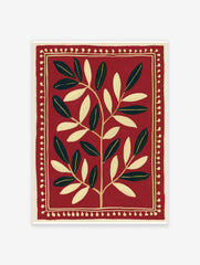 Symmetrical botanical leaf illustration in cream on a deep red background with a decorative dotted border