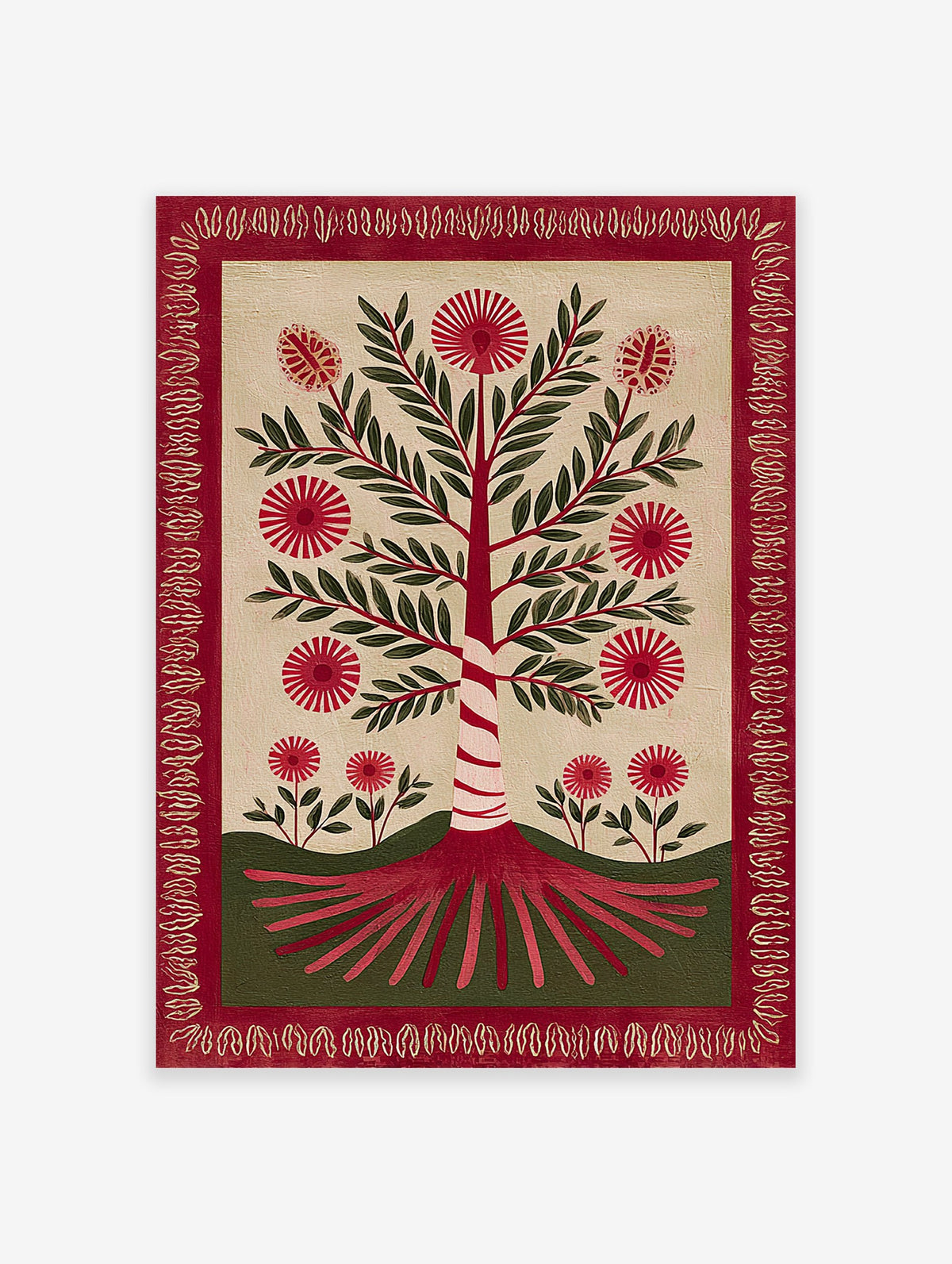 Red botanical tree folk art print with green leaves and spiky red flowers, surrounded by a red decorative border on a cream background.