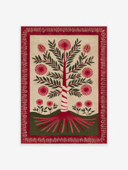 Red botanical tree folk art print with green leaves and spiky red flowers, surrounded by a red decorative border on a cream background.