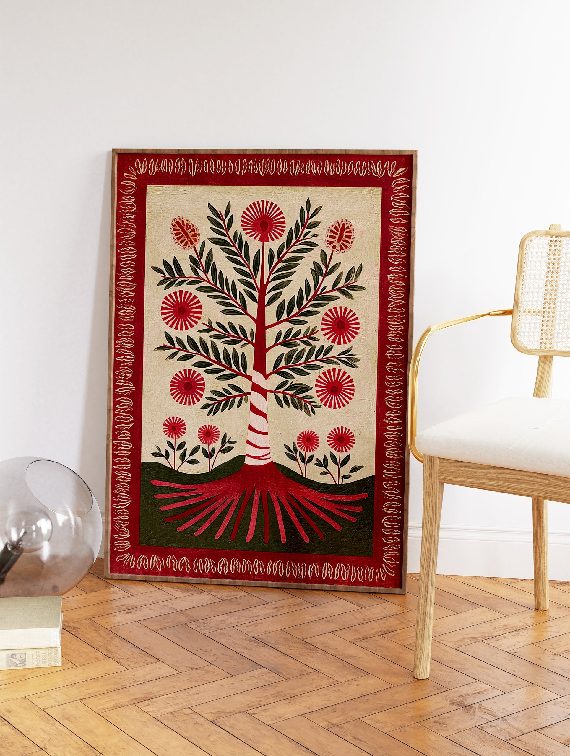 Red botanical tree folk art print with green leaves and spiky red flowers, surrounded by a red decorative border on a cream background. - Image 2