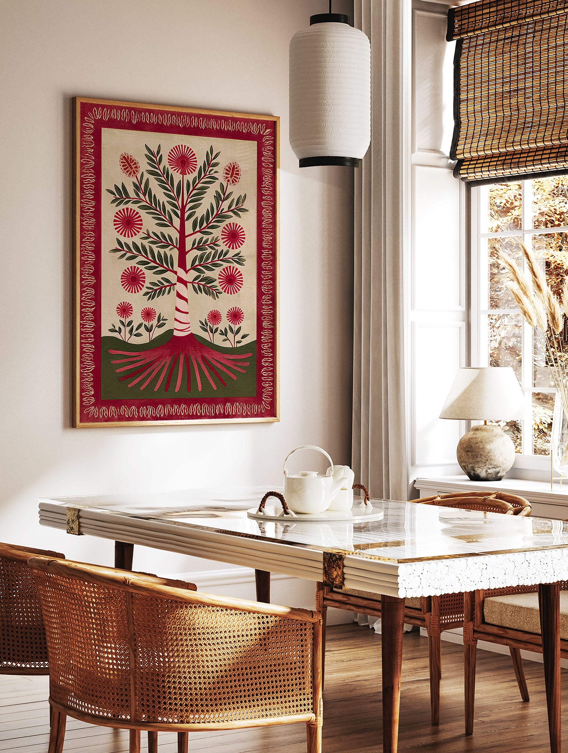 Red botanical tree folk art print with green leaves and spiky red flowers, surrounded by a red decorative border on a cream background. - Image 3