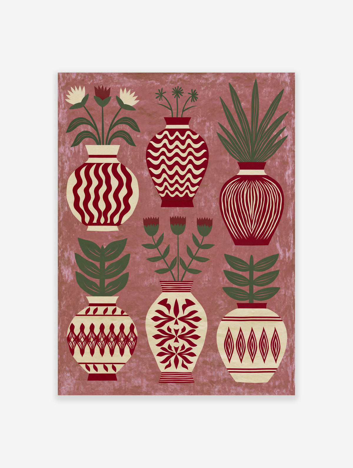 Decorative folk art print showing six patterned vases with botanical flowers and leaves in red, cream, and sage green