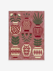 Decorative folk art print showing six patterned vases with botanical flowers and leaves in red, cream, and sage green
