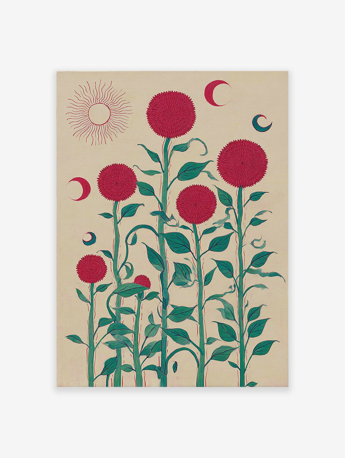 Red botanical folk art print with large spiky flowers, green stems, a sun, and crescent moons on a beige background.