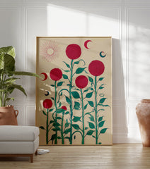 Red botanical folk art print with large spiky flowers, green stems, a sun, and crescent moons on a beige background. - Image 3