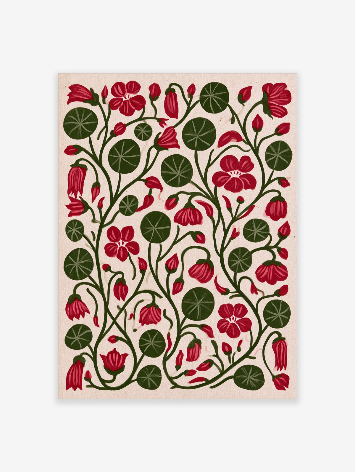 Red botanical flower and lily pad pattern art print on cream background