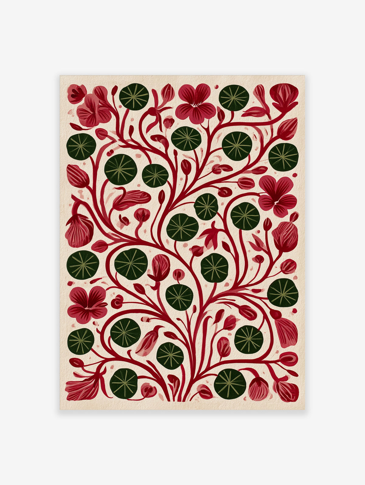 Red botanical art print with crimson flowers, green lily pads and curving vines on cream background