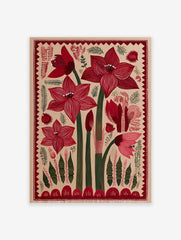 Red botanical flower folk art print with green stems and decorative border on a light beige background.