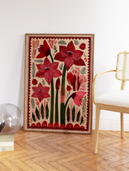Red botanical flower folk art print with green stems and decorative border on a light beige background. - Image 2