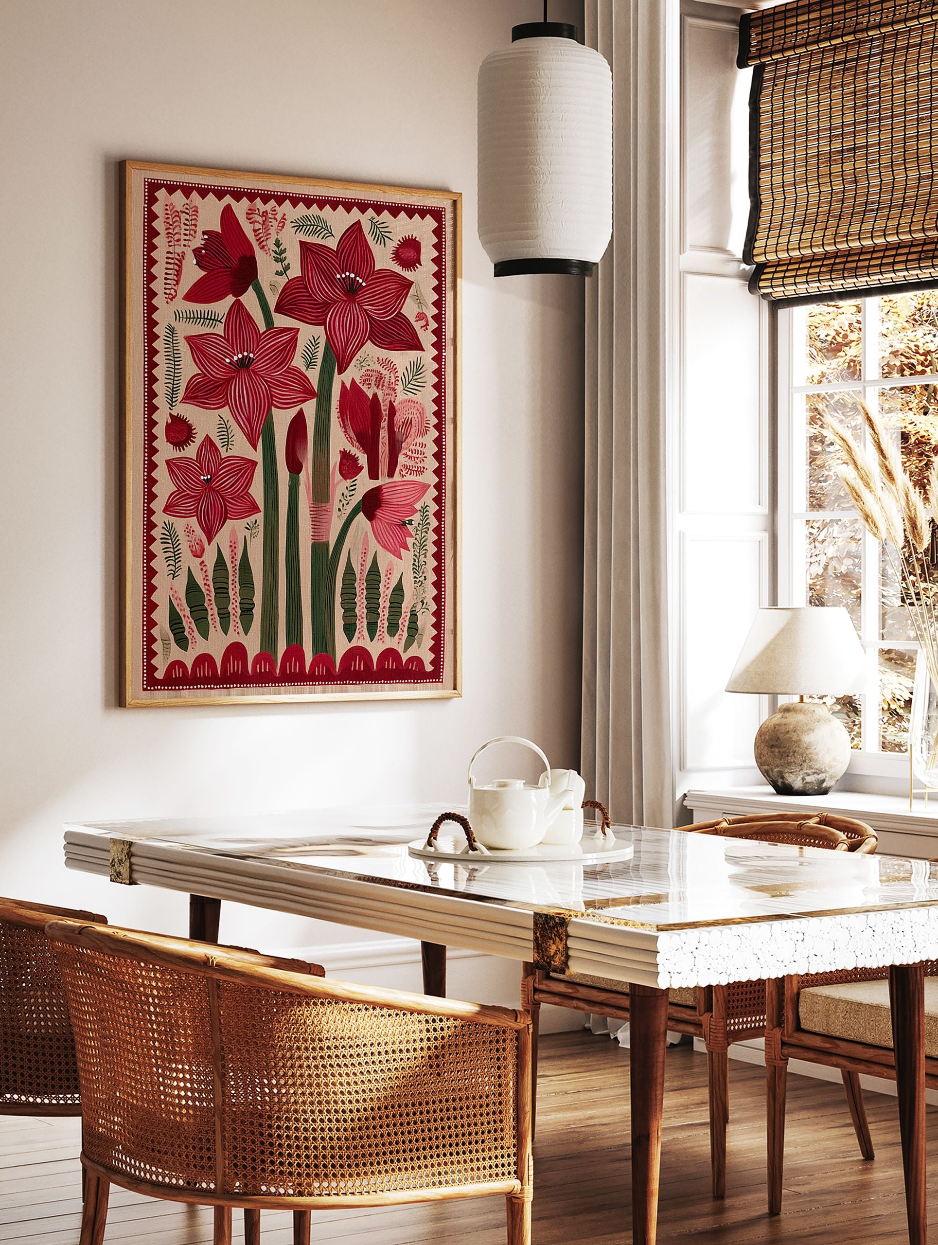 Red botanical flower folk art print with green stems and decorative border on a light beige background. - Image 3
