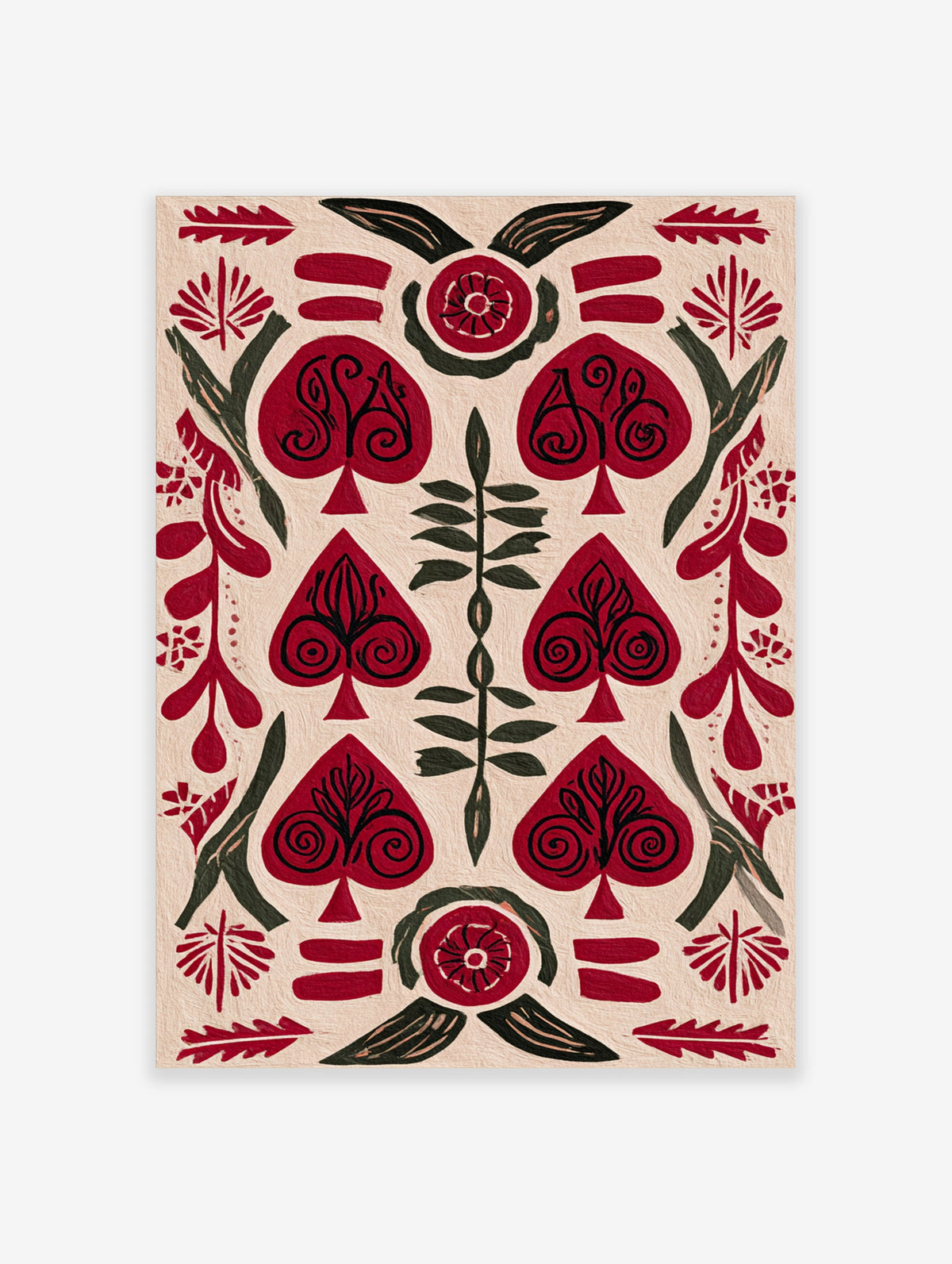Red and green folk art botanical print with spade-shaped leaves and swirling motifs on cream background