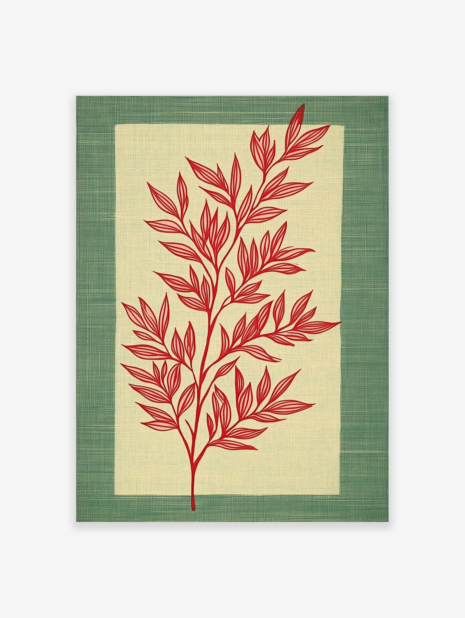 Red botanical illustration of a leafy stem on a pale beige panel, framed by a textured green border