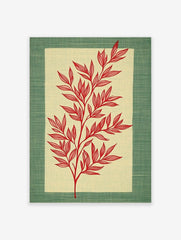 Red botanical illustration of a leafy stem on a pale beige panel, framed by a textured green border