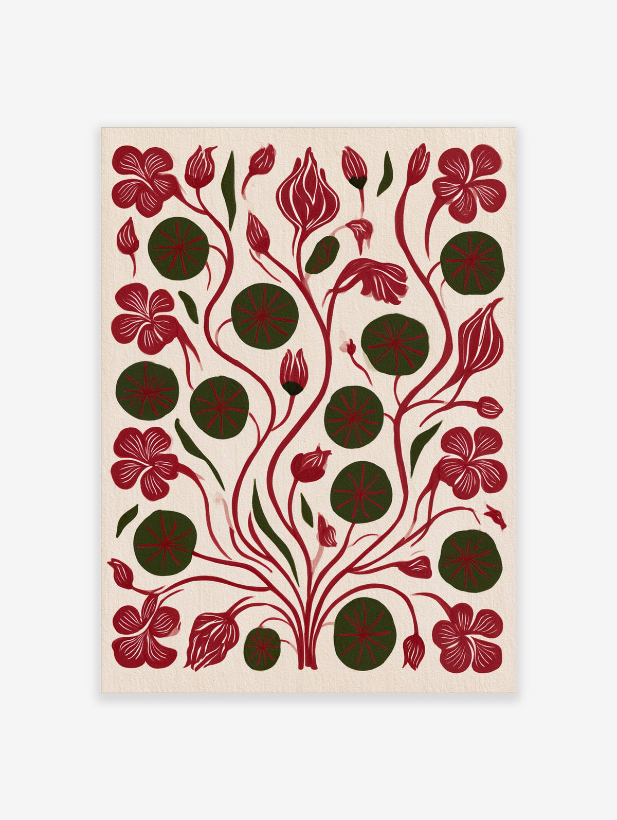 Red lily flower and green lily pad botanical illustration art print on cream background
