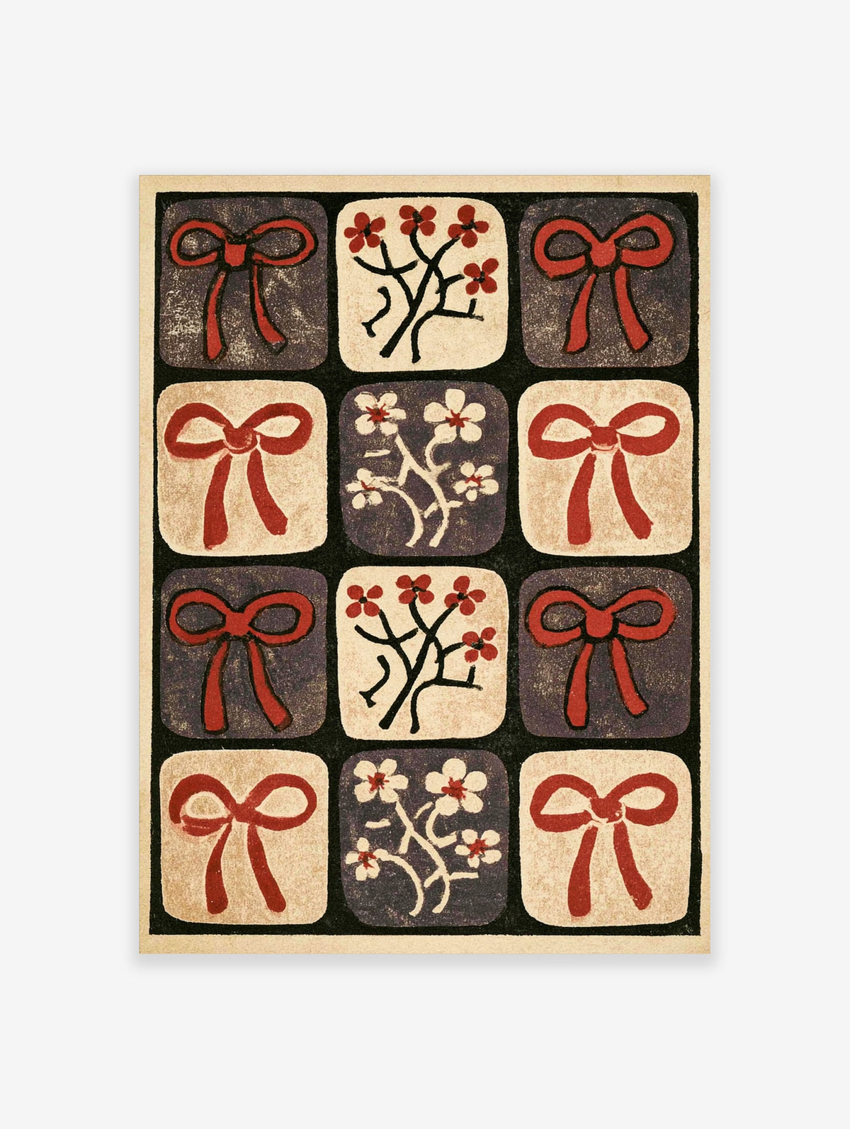 Red bow and blossom pattern poster with nine grid tiles in cream, charcoal, and red, Japanese woodblock style