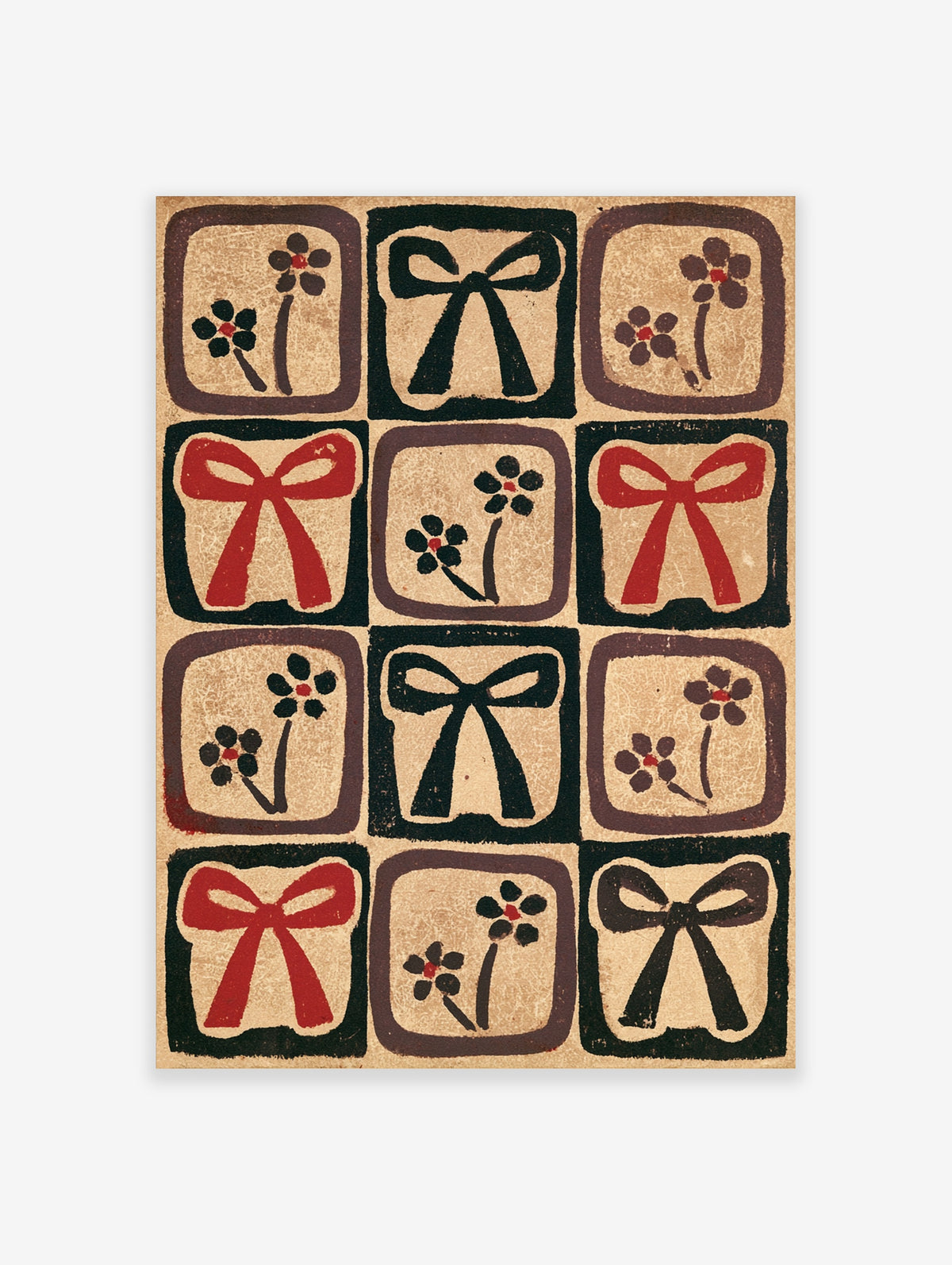 Retro grid poster with red and black bows and stylised flowers on a beige background