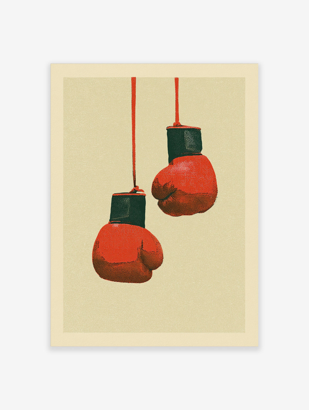 Red boxing gloves hanging from cords on a beige background, retro sports art print