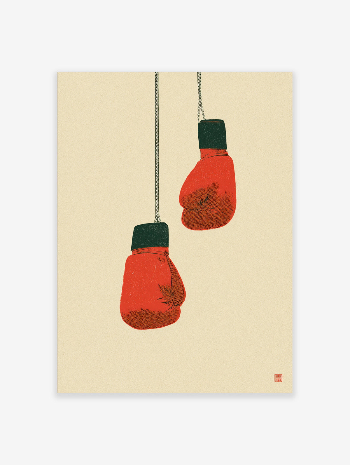 Red boxing gloves hanging from cords on beige background, vintage illustration poster