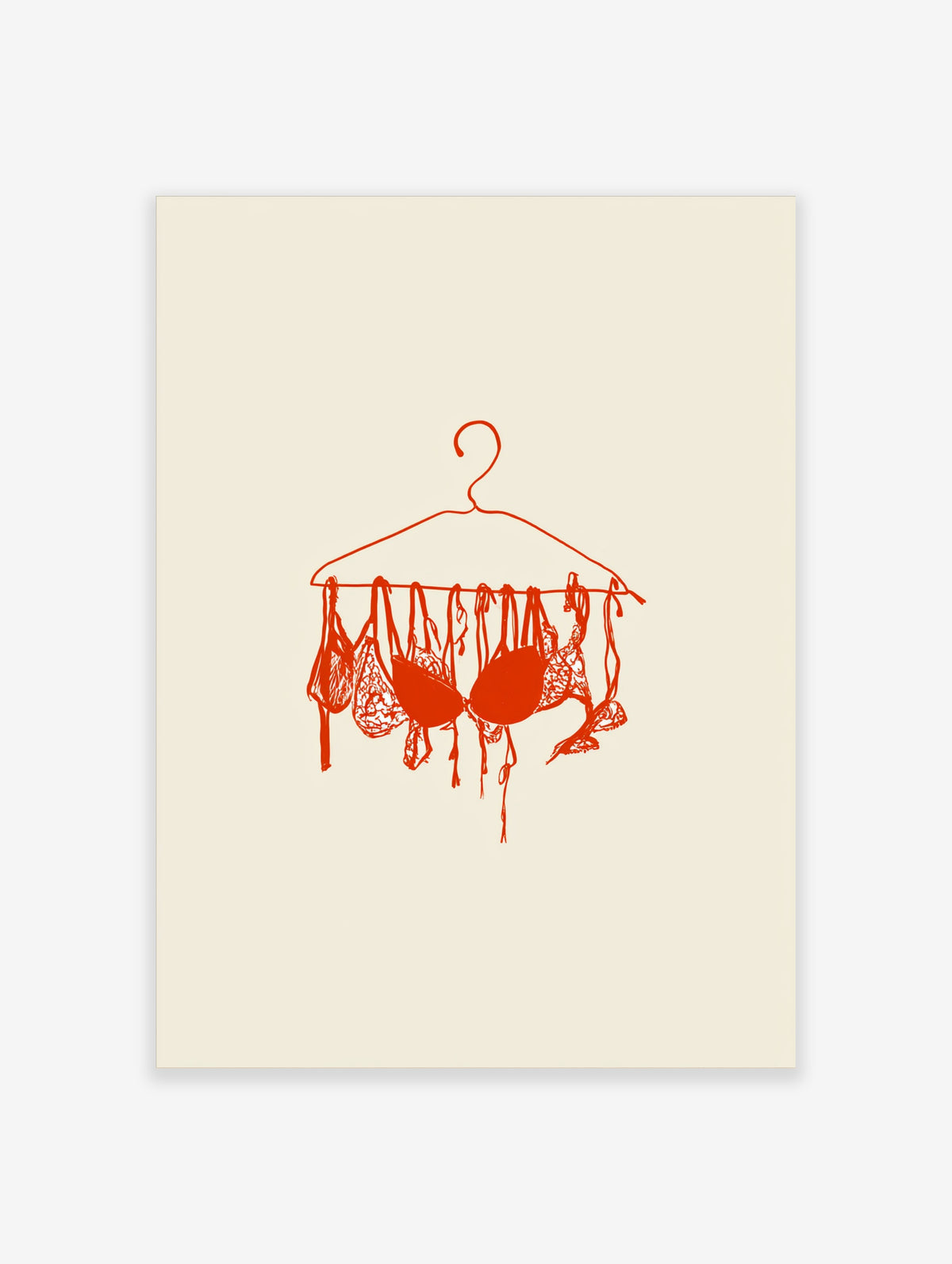 Red line art illustration of bras hanging on a wire hanger against a cream background