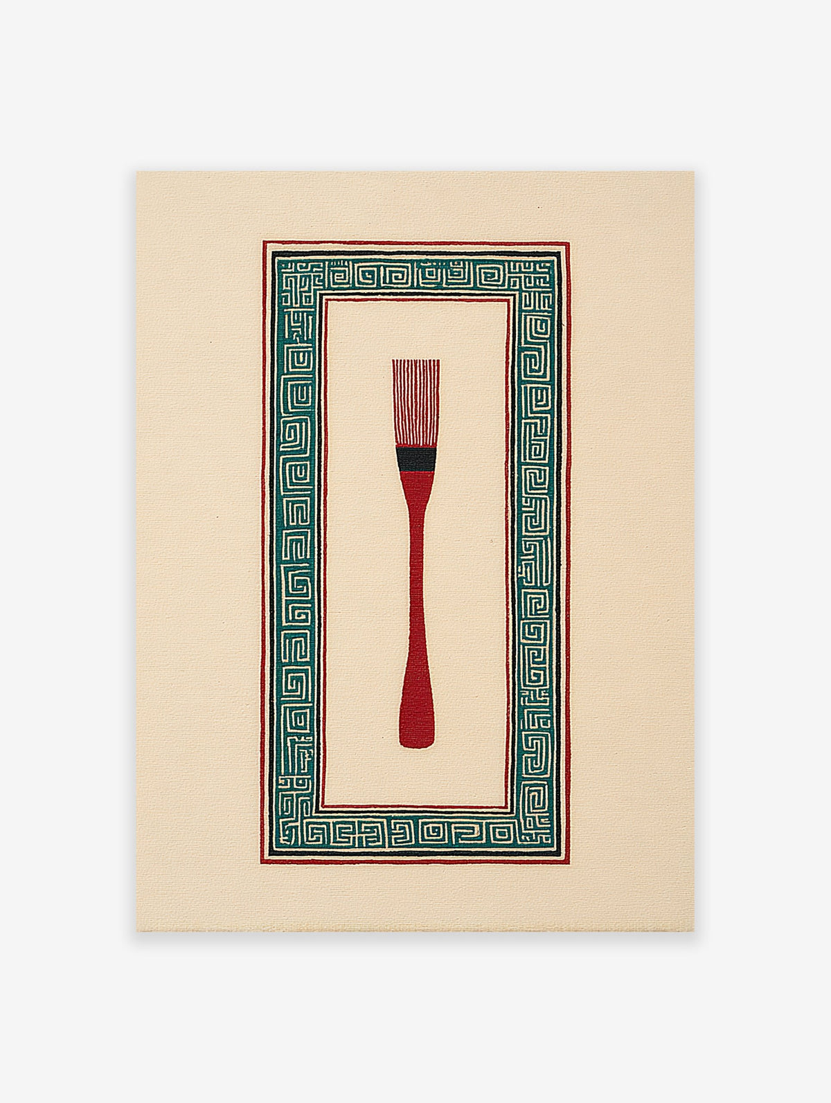 Red brush illustration with a teal and black Greek key pattern border on a cream background, cultural wall art.