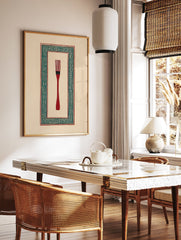 Red brush illustration with a teal and black Greek key pattern border on a cream background, cultural wall art. - Image 2