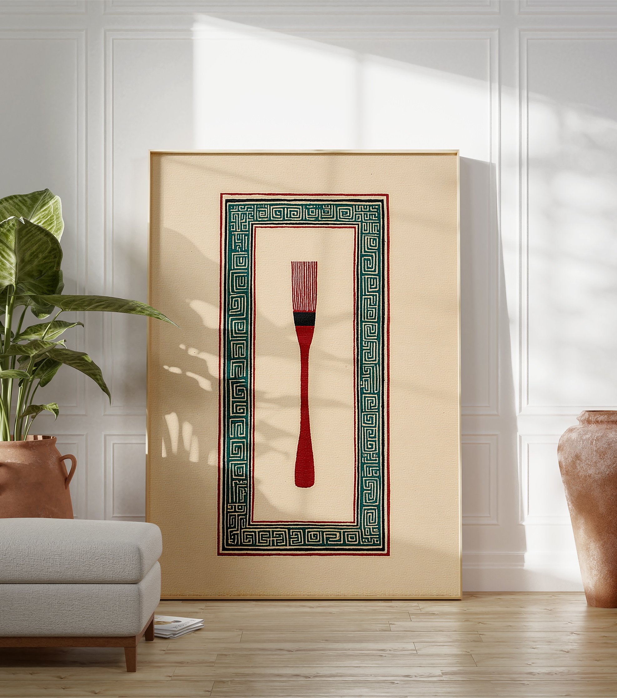 Red brush illustration with a teal and black Greek key pattern border on a cream background, cultural wall art. - Image 3