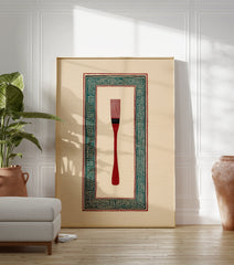 Red brush illustration with a teal and black Greek key pattern border on a cream background, cultural wall art. - Image 3