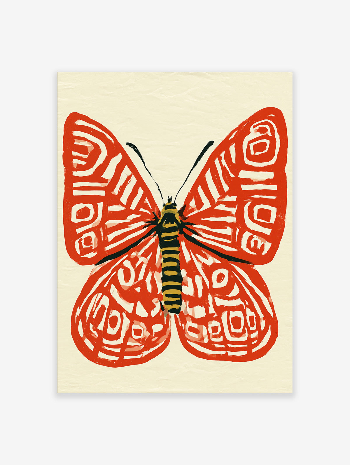 Red butterfly art print with white wing patterns and yellow and black striped body on cream background