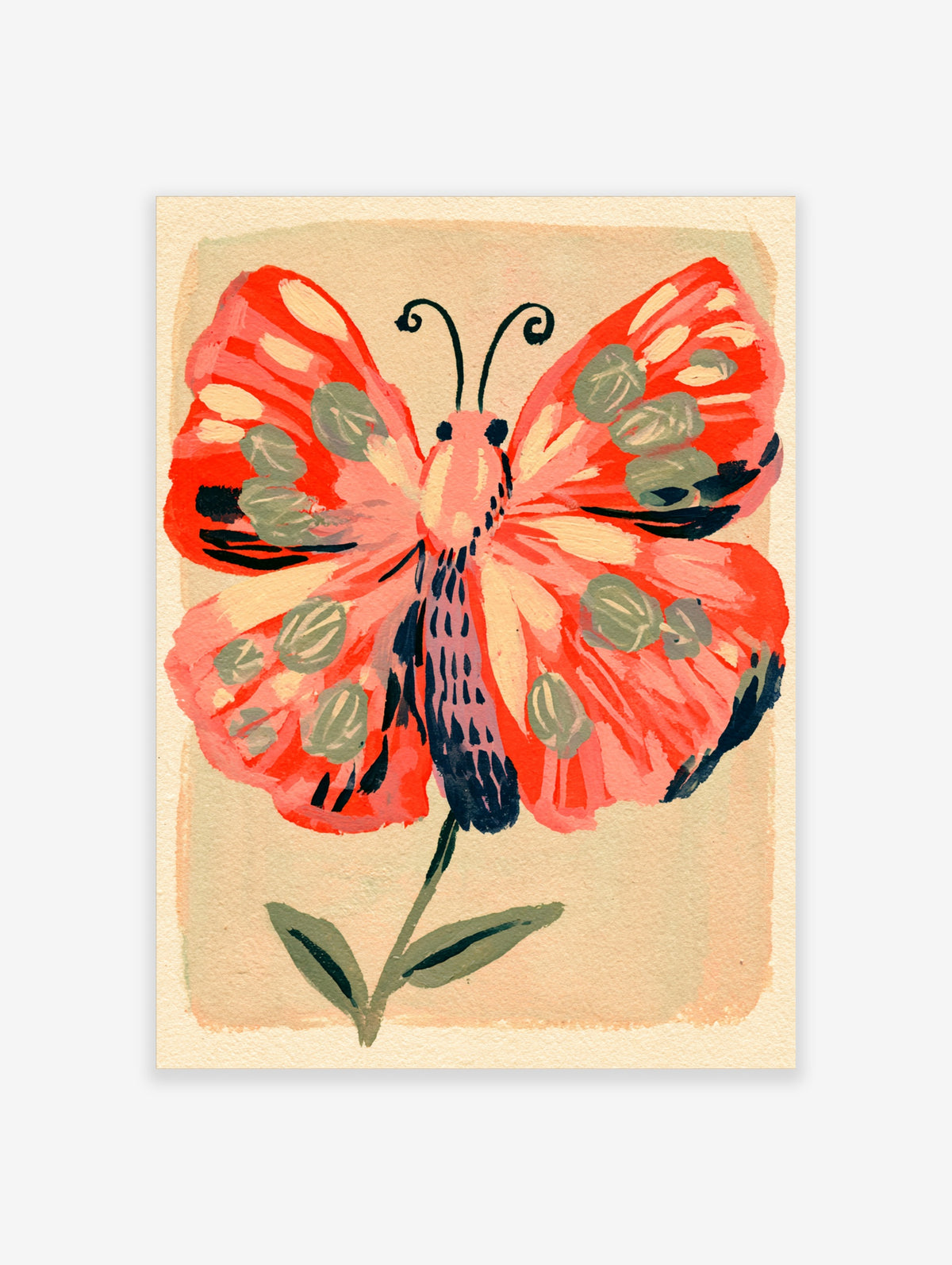 Red and pink butterfly art print with green leaf markings on beige background
