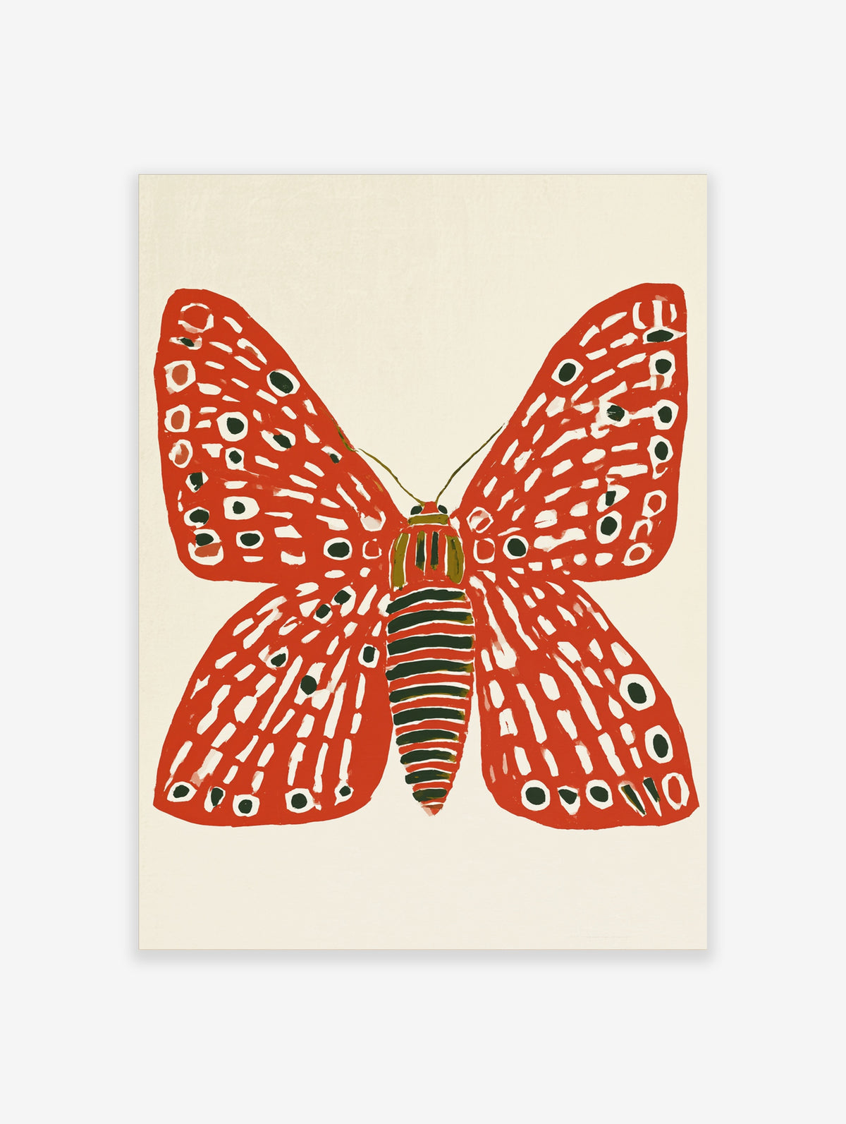 Red butterfly art print with white dashes and black spots on cream background