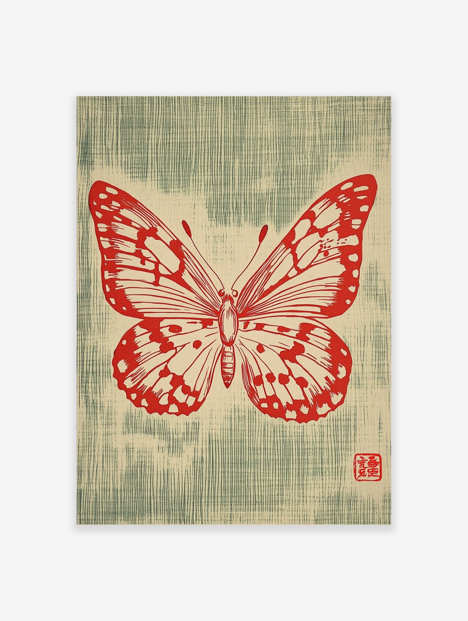 Red butterfly illustration with detailed wings and antennae on a textured greenish-blue background with a red artist's seal