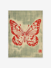 Red butterfly illustration with detailed wings and antennae on a textured greenish-blue background with a red artist's seal