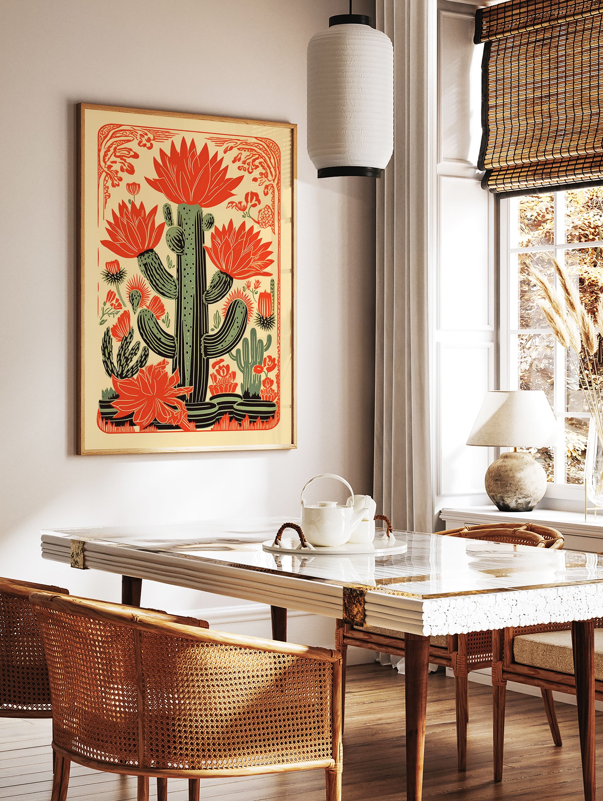 Illustrative red cactus floral poster with green cacti and blooming flowers on a light yellow background. - Image 2