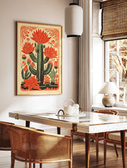 Illustrative red cactus floral poster with green cacti and blooming flowers on a light yellow background. - Image 2
