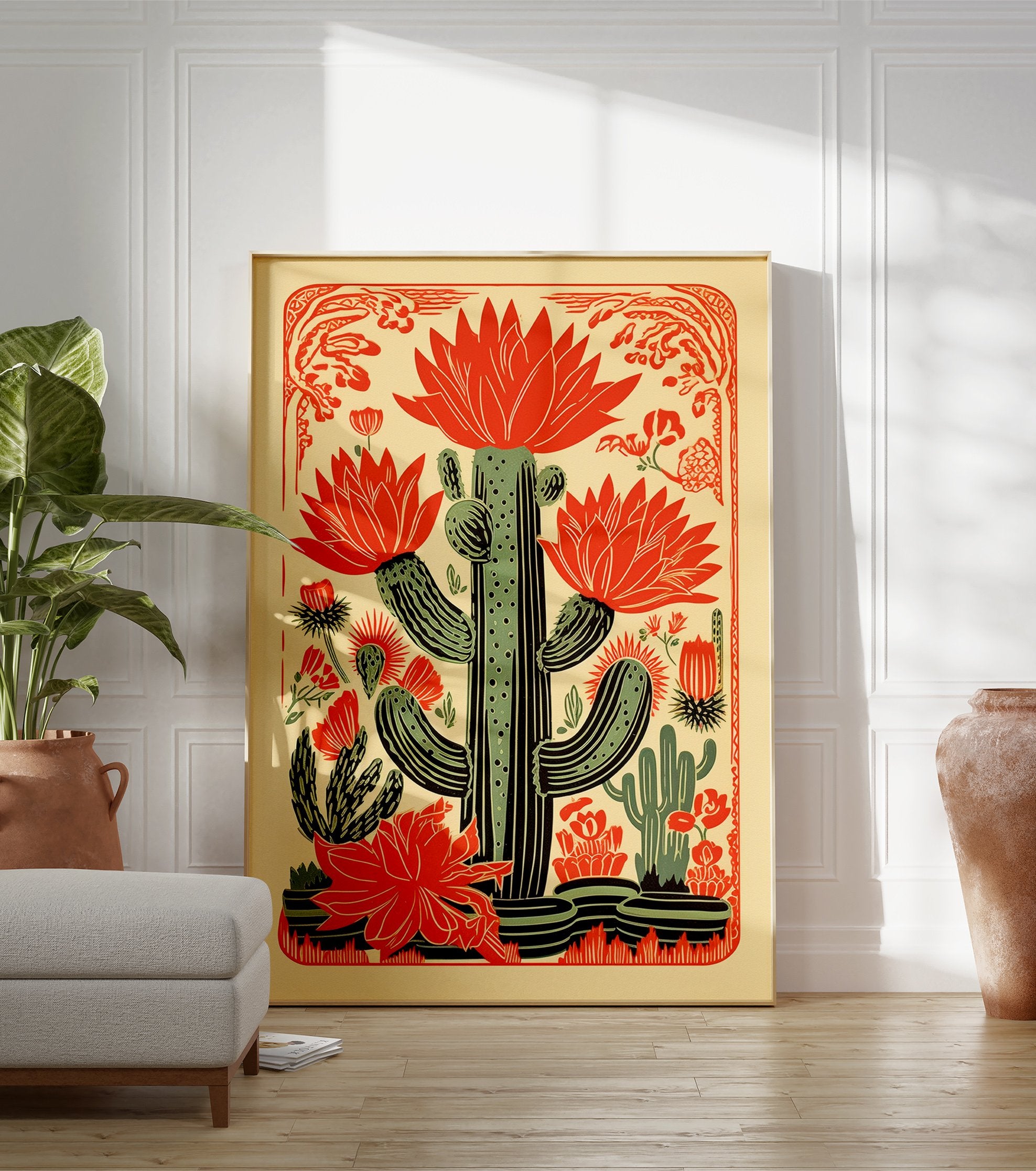 Illustrative red cactus floral poster with green cacti and blooming flowers on a light yellow background. - Image 3