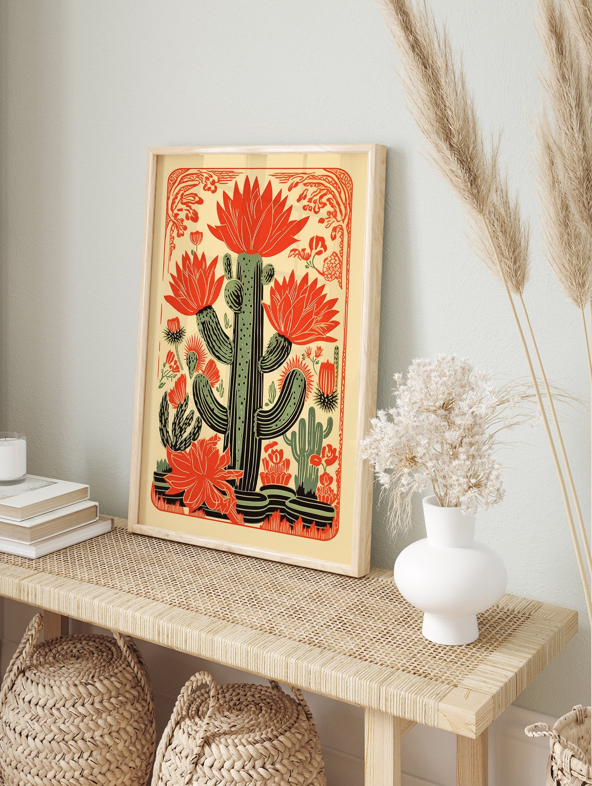 Illustrative red cactus floral poster with green cacti and blooming flowers on a light yellow background. - Image 4