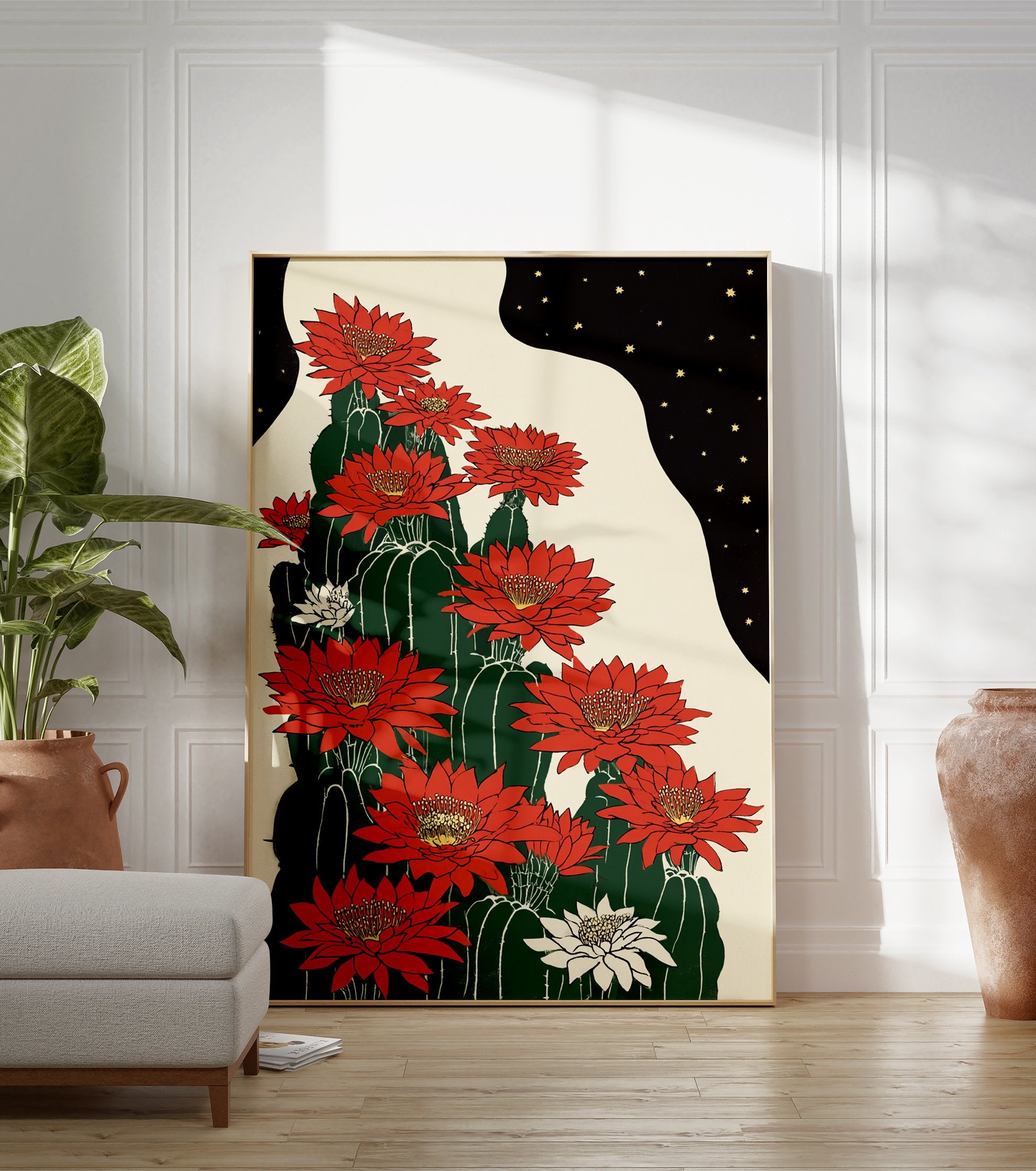 Red cactus flower poster featuring vibrant red and white blooms on green cacti under a starry black night sky, Japanese style. - Image 3