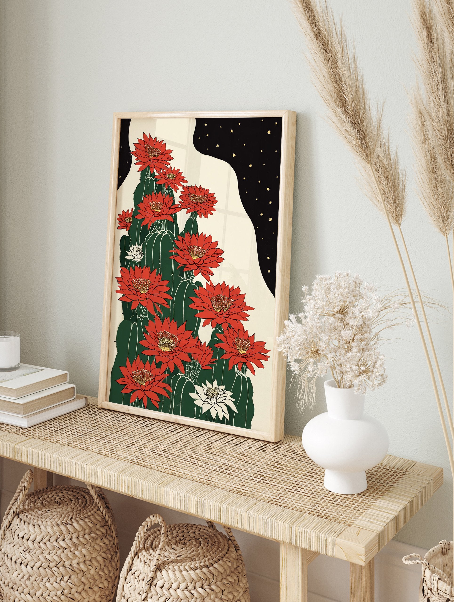 Red cactus flower poster featuring vibrant red and white blooms on green cacti under a starry black night sky, Japanese style. - Image 4