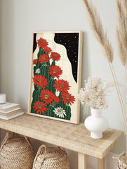 Red cactus flower poster featuring vibrant red and white blooms on green cacti under a starry black night sky, Japanese style. - Image 4