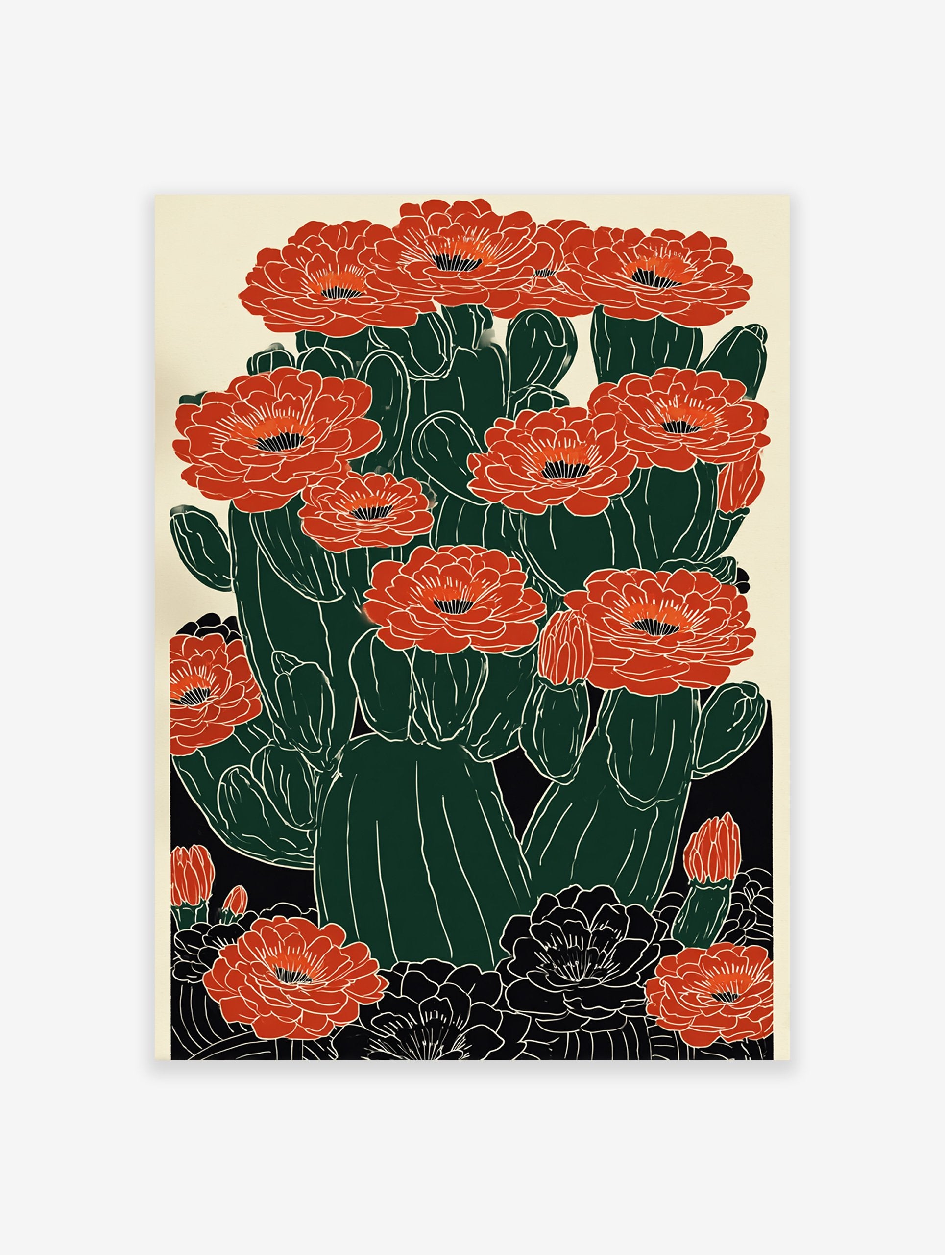 Red cactus flower poster, a modern botanical illustration featuring dark green cacti with vibrant red blossoms and black details.