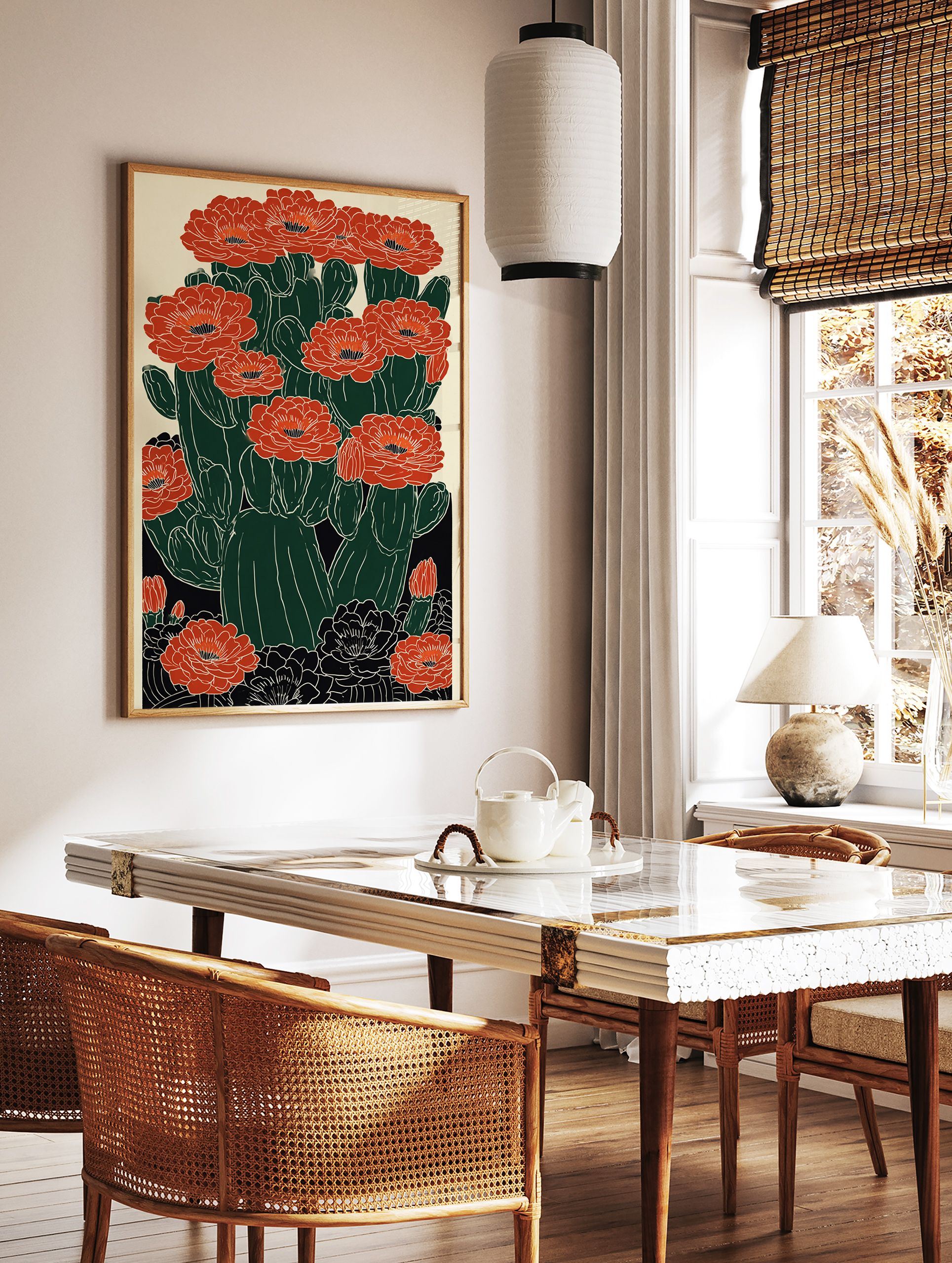 Red cactus flower poster, a modern botanical illustration featuring dark green cacti with vibrant red blossoms and black details. - Image 2