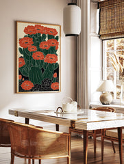 Red cactus flower poster, a modern botanical illustration featuring dark green cacti with vibrant red blossoms and black details. - Image 2