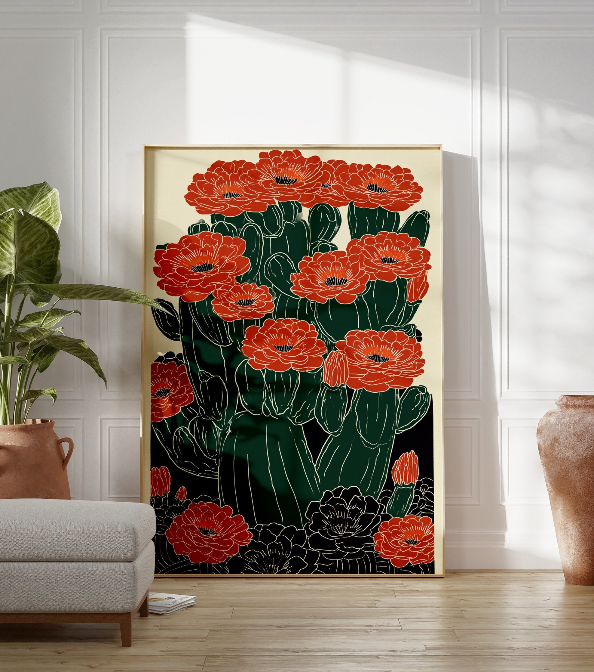 Red cactus flower poster, a modern botanical illustration featuring dark green cacti with vibrant red blossoms and black details. - Image 3