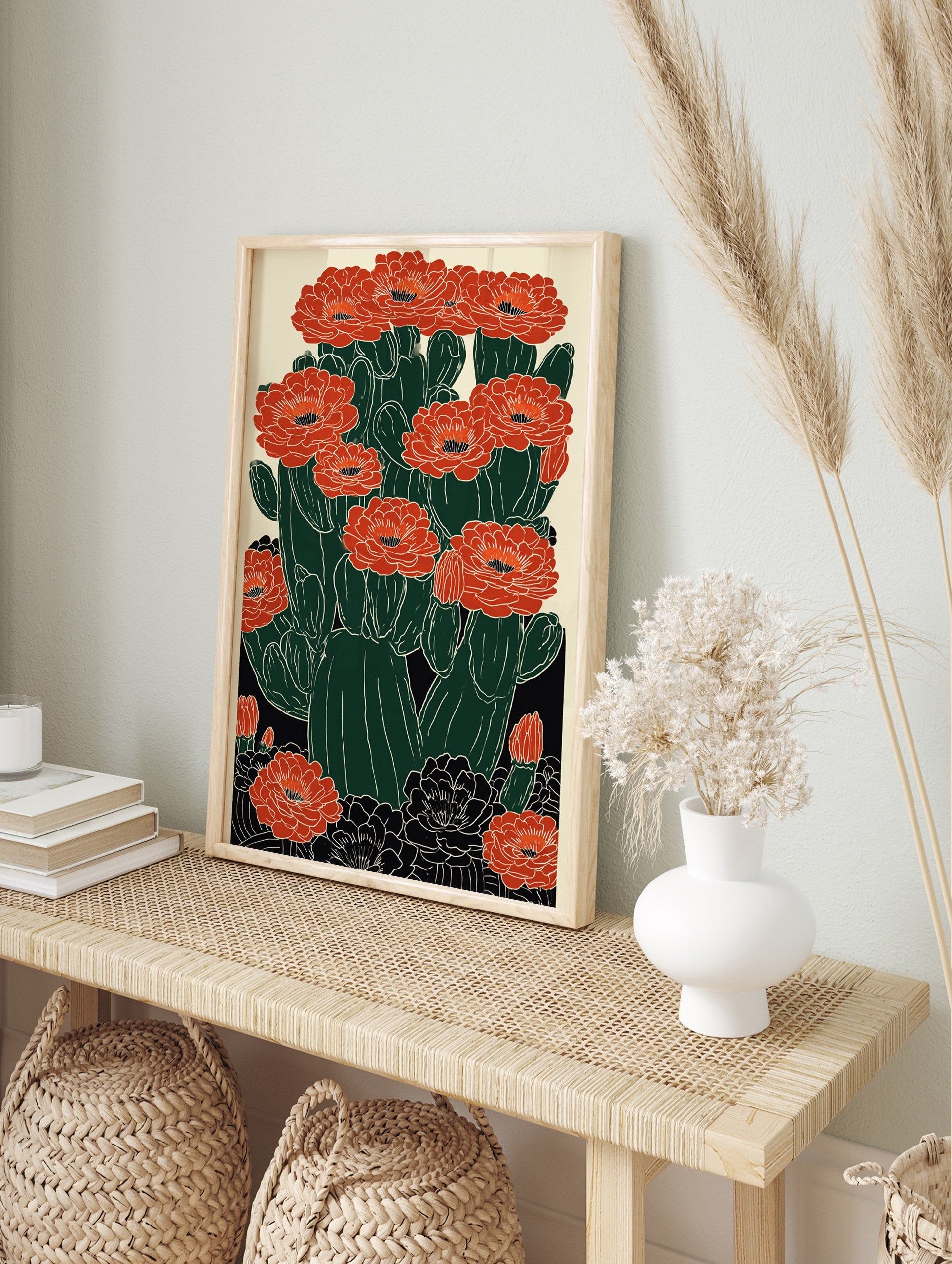 Red cactus flower poster, a modern botanical illustration featuring dark green cacti with vibrant red blossoms and black details. - Image 4