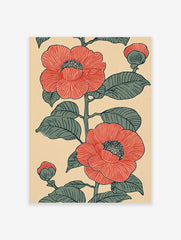 Red camellia botanical illustration with green leaves and buds on a beige background, in an illustrative style