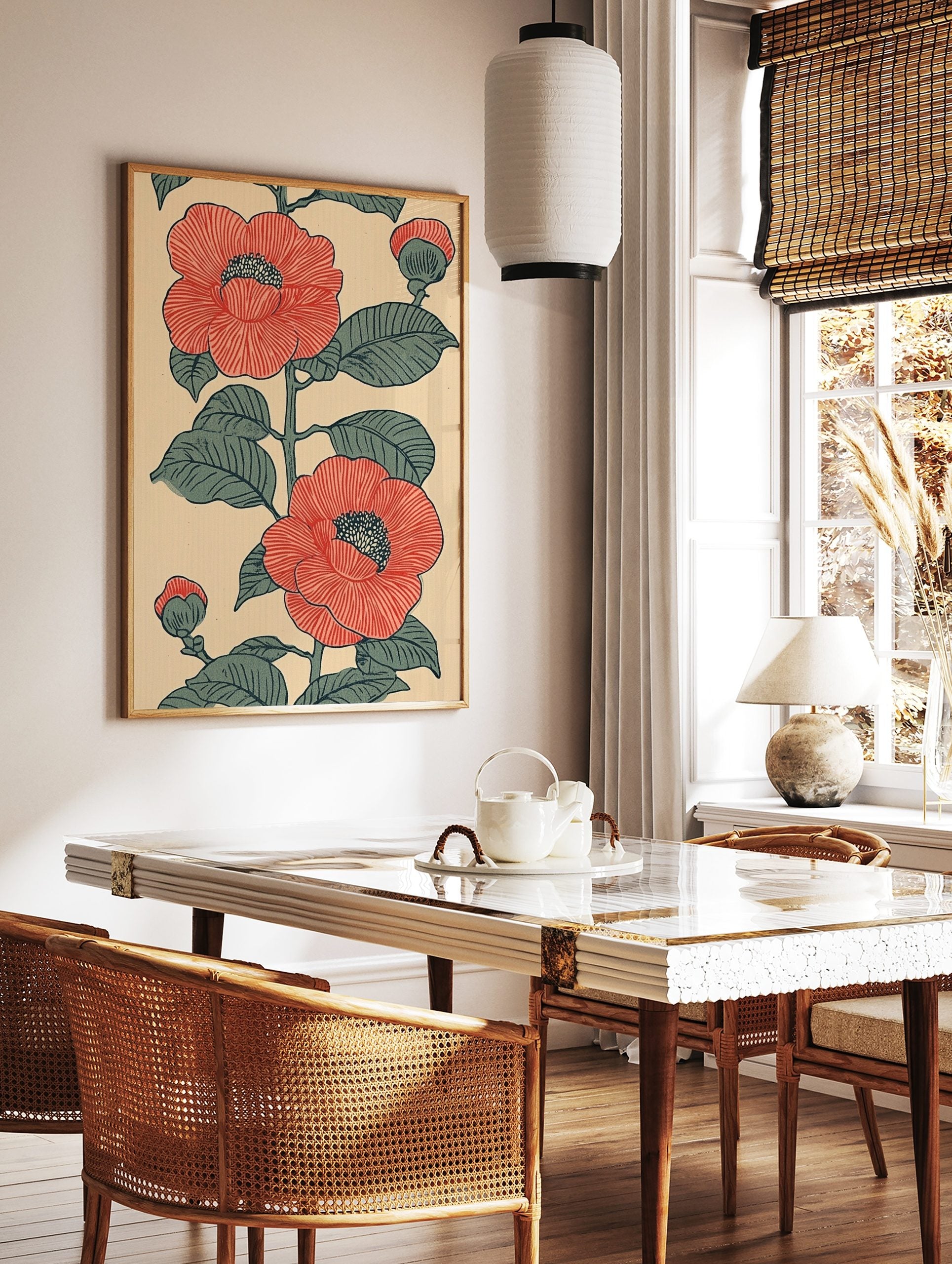 Red camellia botanical illustration with green leaves and buds on a beige background, in an, in a styled room mockup
