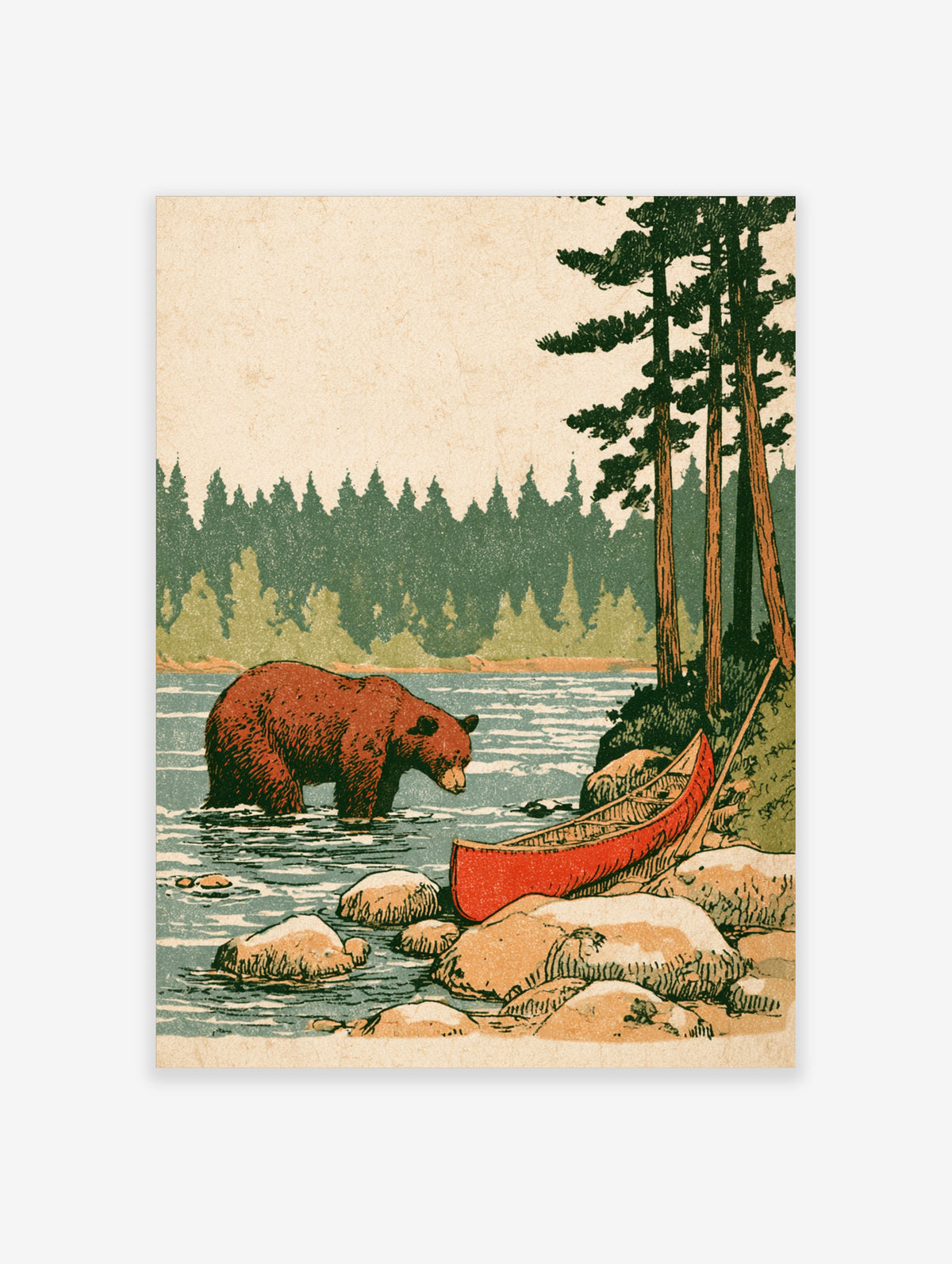 Brown bear wading in lake beside red canoe and pine trees, rustic wildlife art print