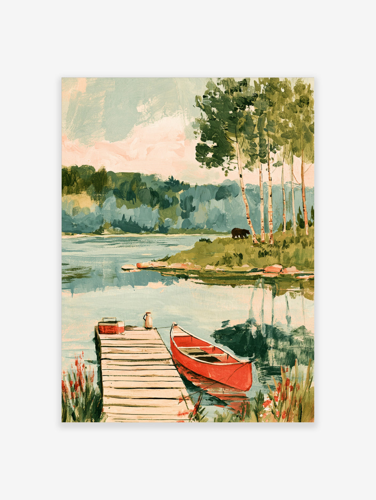 Red canoe and wooden dock lake art print with black bear and birch trees